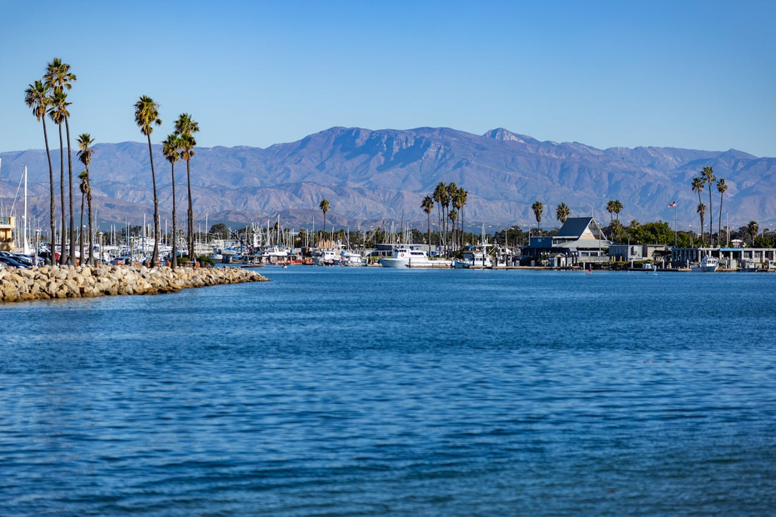 A photo of the ocean, yachts, mountains, and palm trees.